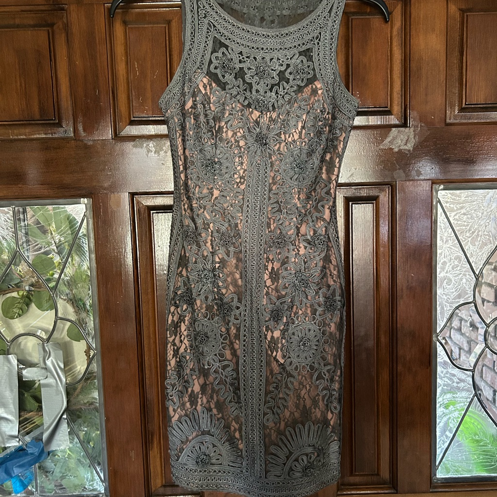 Sue Wong Grey And Tan Embellished Sheath Mini Dress